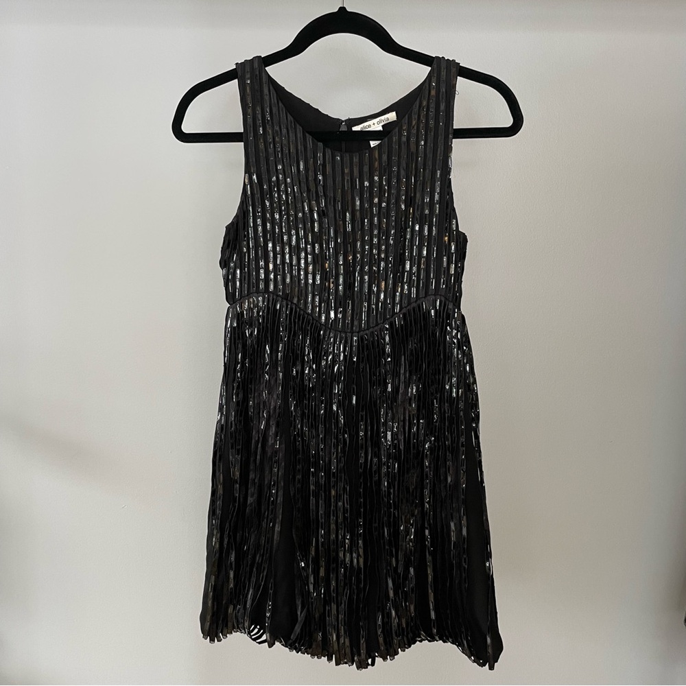 Alice + Olivia Black Sequin Fringe Party Dress